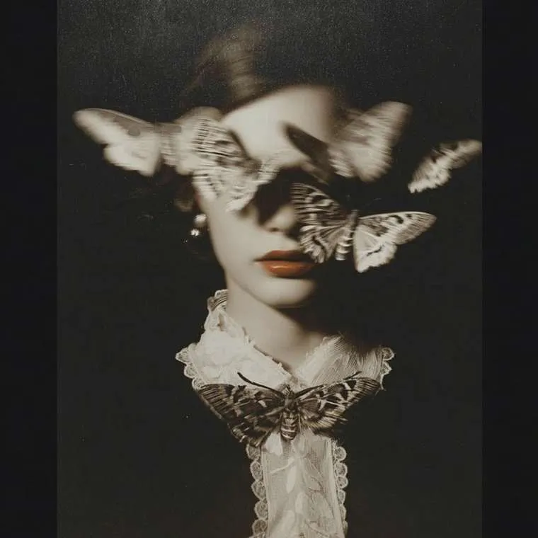 Sepia portrait of a woman in a lace collar, her eyes hidden behind moths.