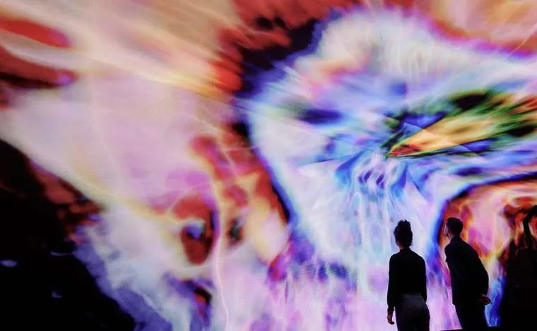 Two visitors in silhouette facing a wall of swirling psychedelic projection.